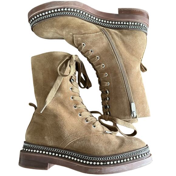 Vince Camuto Women's Branda Lace Up Booties Tan Suede Chains & Rhinestones - 8 - Picture 6 of 11